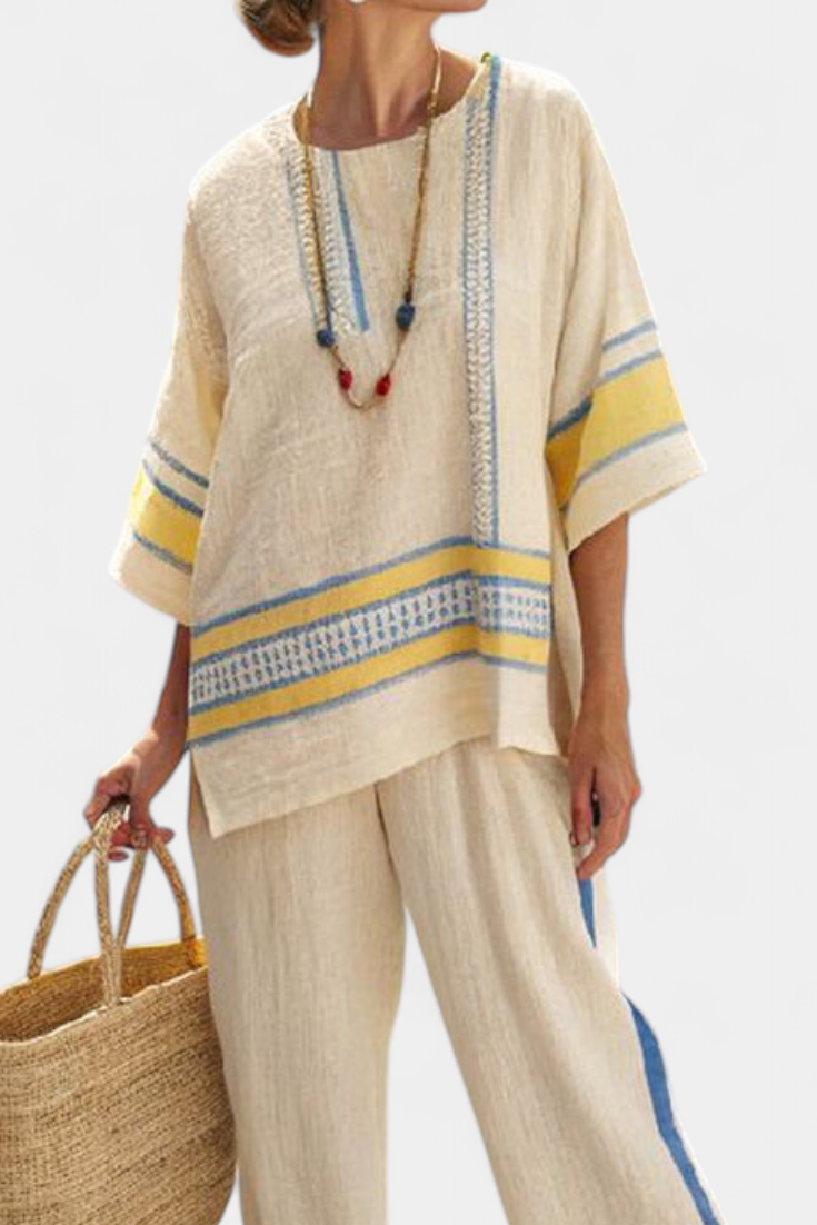 Jaxmere | Conjunto Top Mediterráneo Azul-Amarillo & Pantalones de Lino