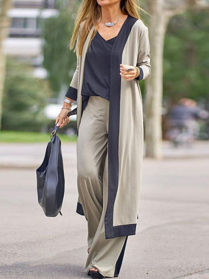 Conjunto de Chaleco y Chaqueta de Cardigan Sin Mangas de Color Contrastante