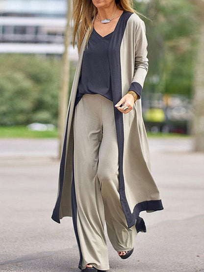 Conjunto de Chaleco y Chaqueta de Cardigan Sin Mangas de Color Contrastante