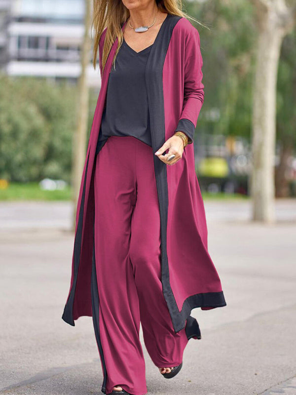 Conjunto de Chaleco y Chaqueta de Cardigan Sin Mangas de Color Contrastante