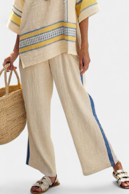Jaxmere | Comodo Top Mediterráneo Azul-Amarillo & Pantalones de Lino