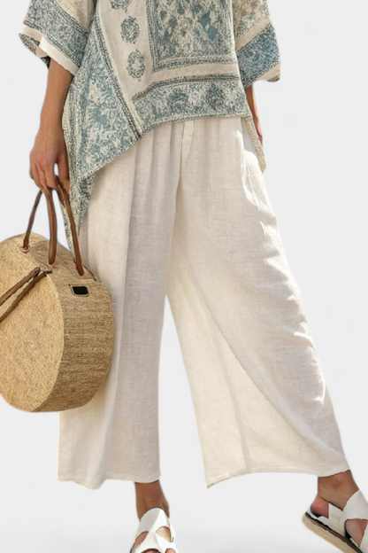 Quinley | Blusa Impresa Confortable y Pantalones Blancos de Pierna Ancha