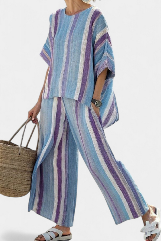 Faelith | Elegante Top Malva Pastello & Pantaloni de Lino a Rayas
