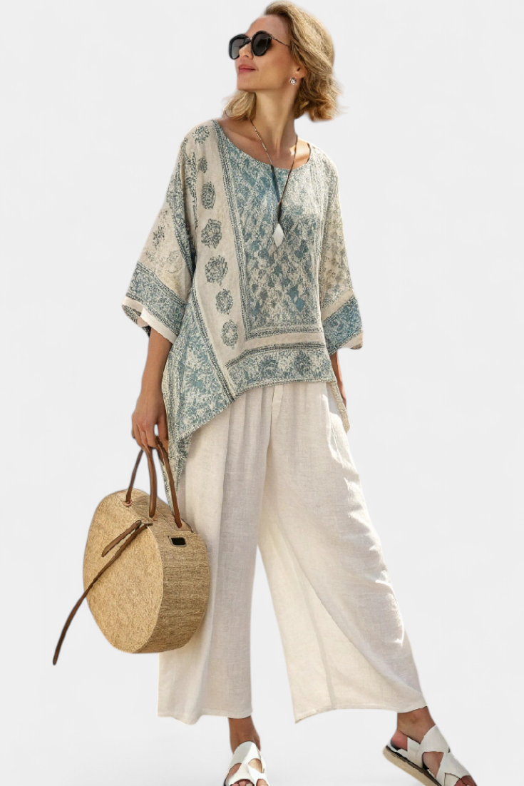 Quinley | Blusa Impresa Confortable y Pantalones Blancos de Pierna Ancha