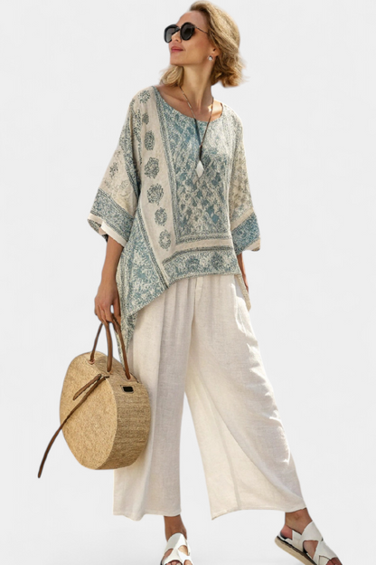 Quinley | Blusa Impresa Confortable y Pantalones Blancos de Pierna Ancha