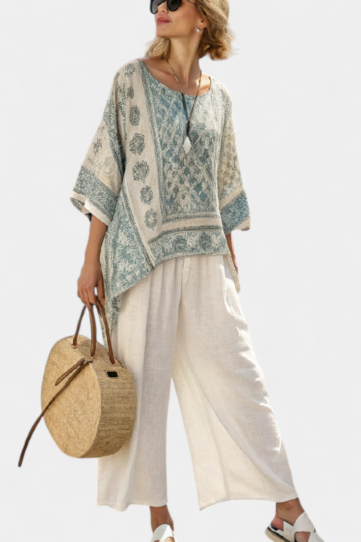Quinley | Blusa Impresa Confortable y Pantalones Blancos de Pierna Ancha