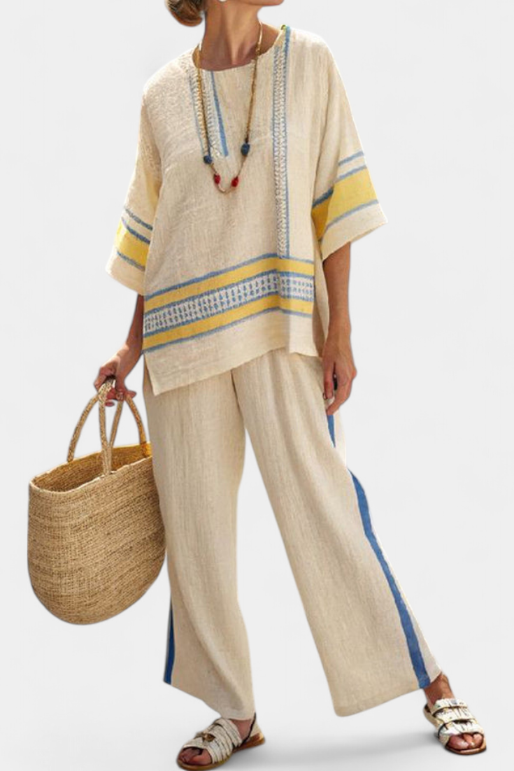 Jaxmere | Conjunto Top Mediterráneo Azul-Amarillo & Pantalones de Lino