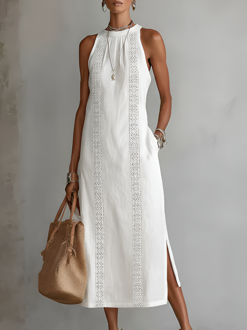 Jimena | Vestido Midi de Cuello Mao Bordado y Relajado