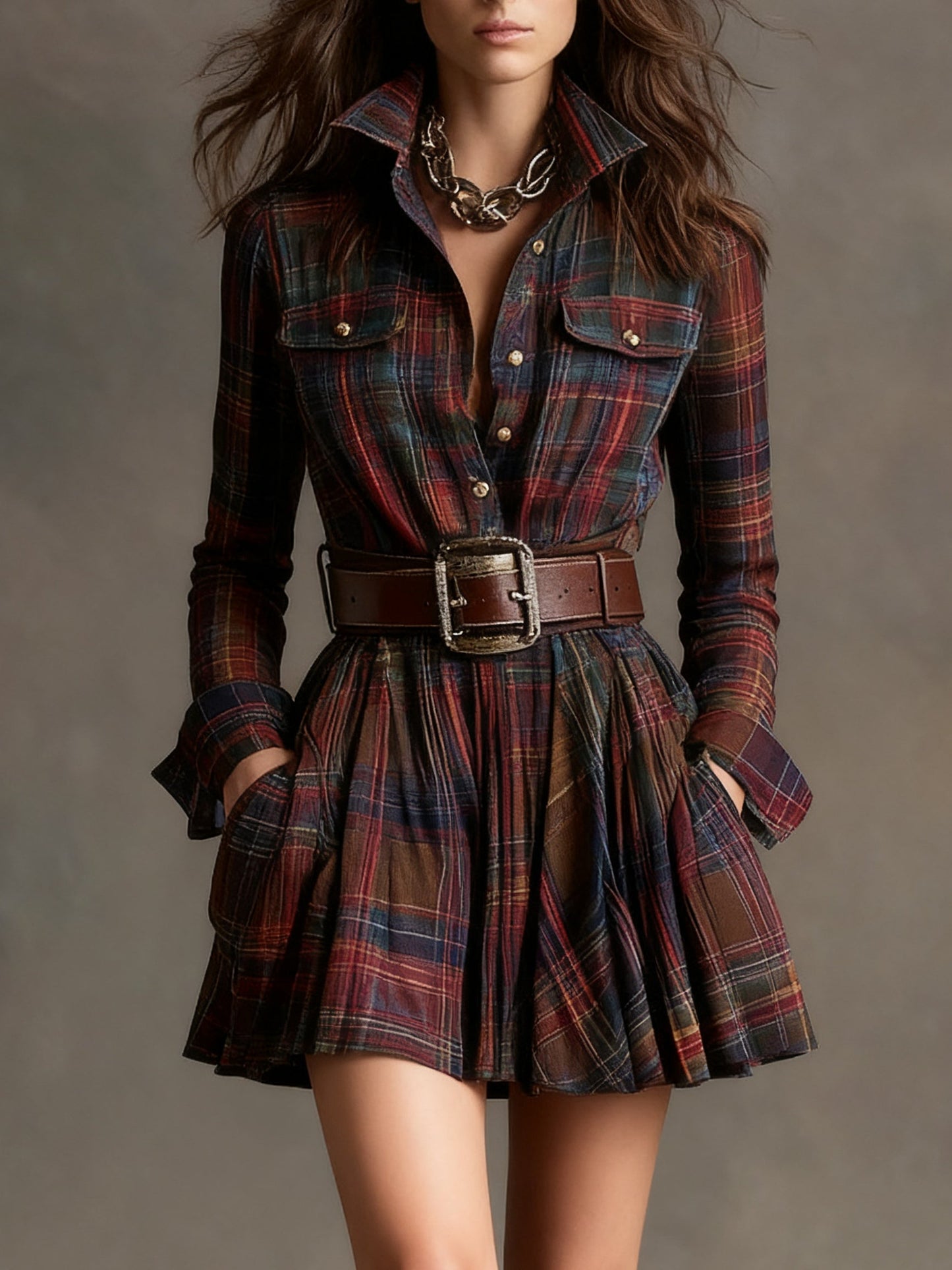 Bárbara · Vestido corto camisero de cuadros