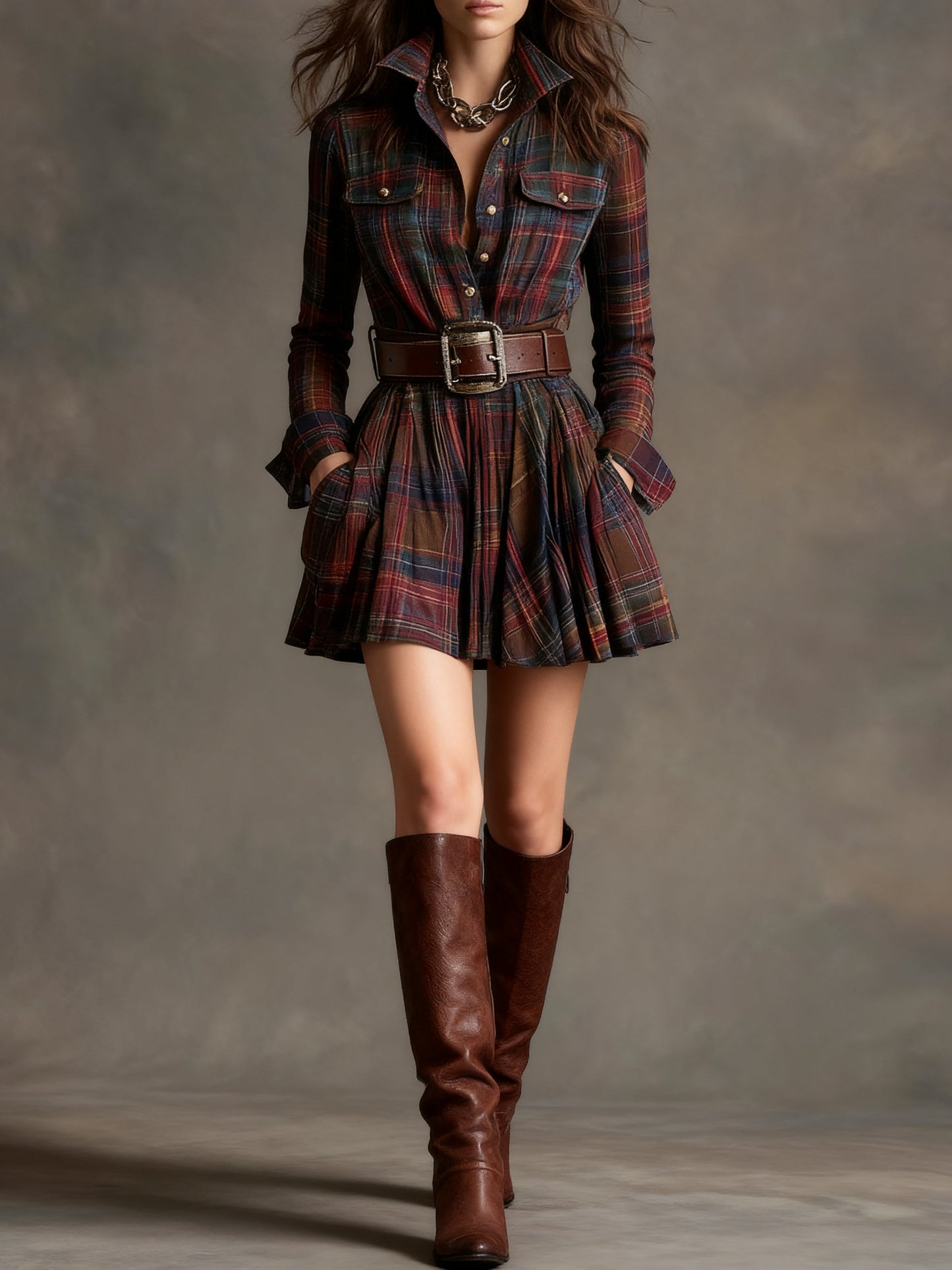 Bárbara · Vestido corto camisero de cuadros