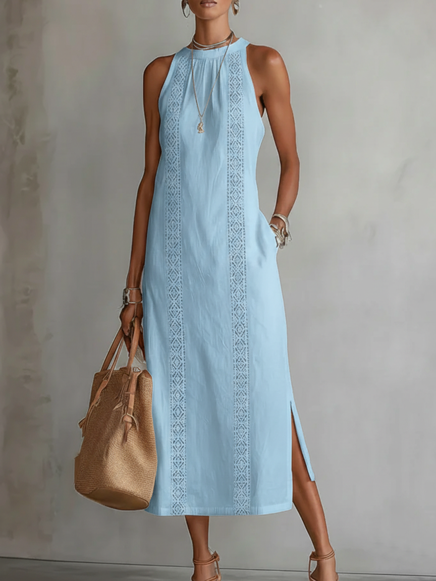Jimena | Vestido Midi de Cuello Mao Bordado y Relajado