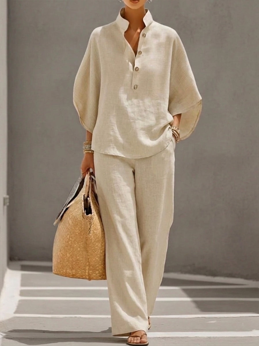 Eszter™ | Conjunto de algodón y lona con mangas murciélago y pantalón de pierna ancha