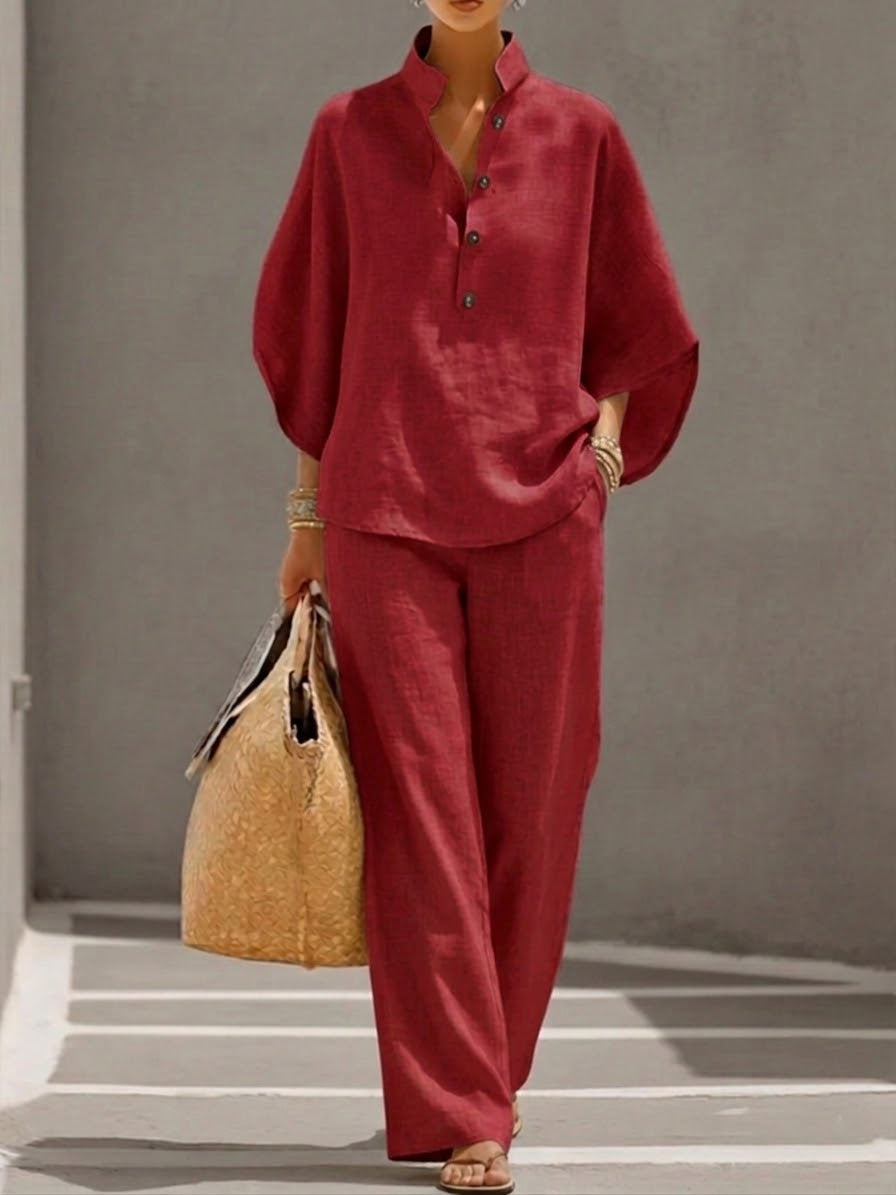 Eszter™ | Conjunto de algodón y lona con mangas murciélago y pantalón de pierna ancha