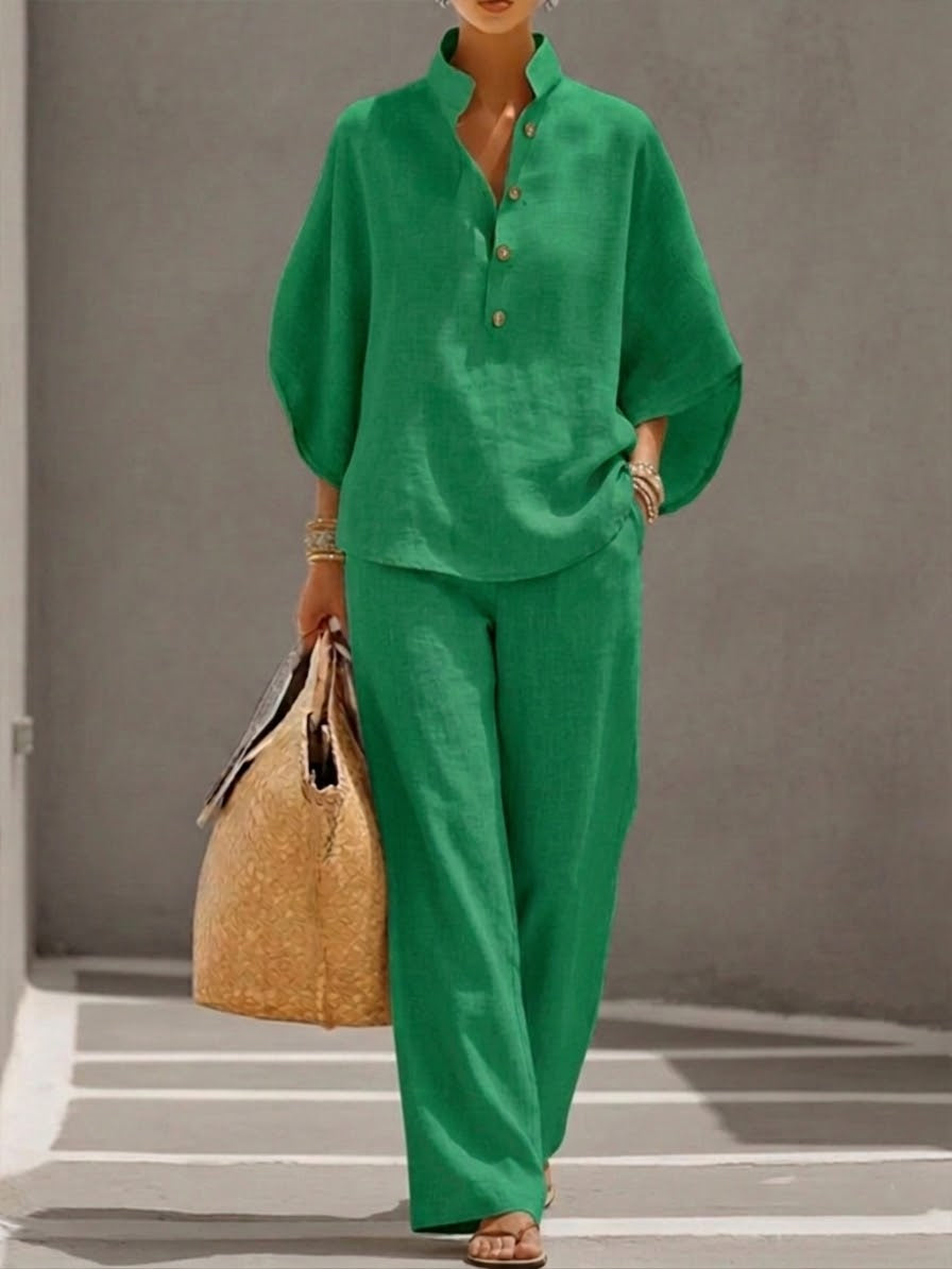 Eszter™ | Conjunto de algodón y lona con mangas murciélago y pantalón de pierna ancha