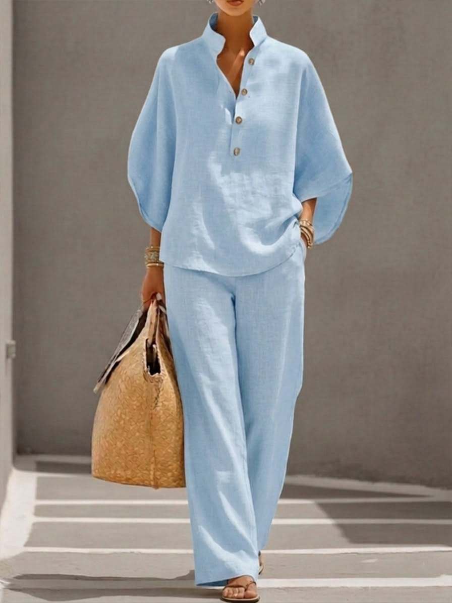 Mariel | Conjunto de Algodón y Lino con Mangas Murciélago y Pantalón Ancho
