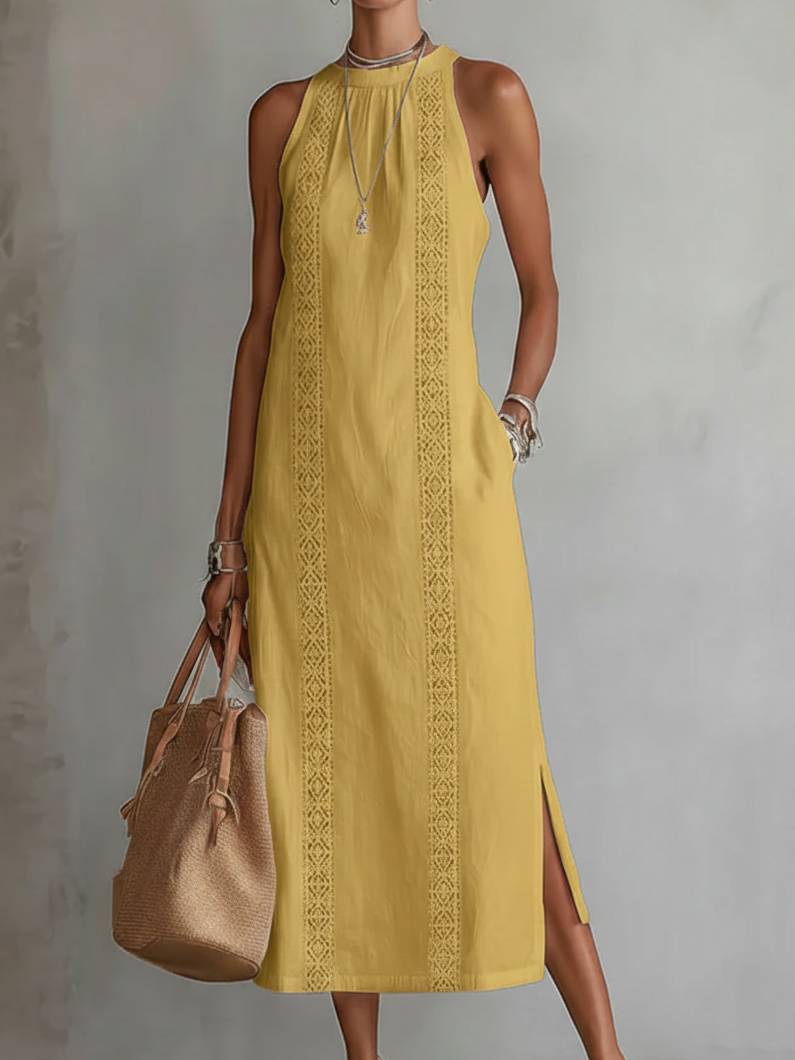 Jimena | Vestido Midi de Cuello Mao Bordado y Relajado