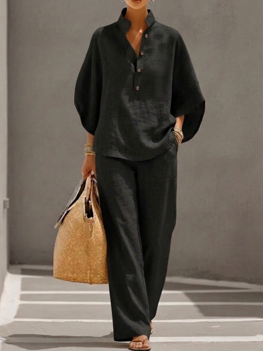 Eszter™ | Conjunto de algodón y lona con mangas murciélago y pantalón de pierna ancha